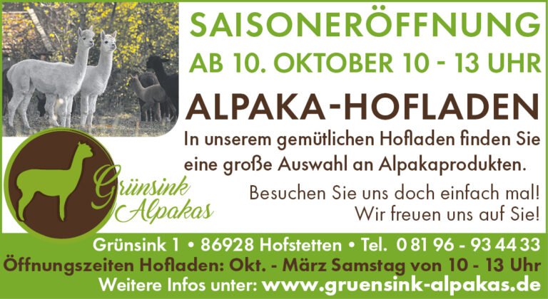 Grünsink Alpakas Hofladen Saisoneröffnung Alpaka Produkte Landsberg am Lech